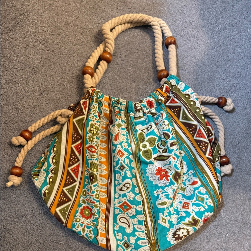 Boho Quilted Rope-Handle Drawstring Tote in Teal Floral